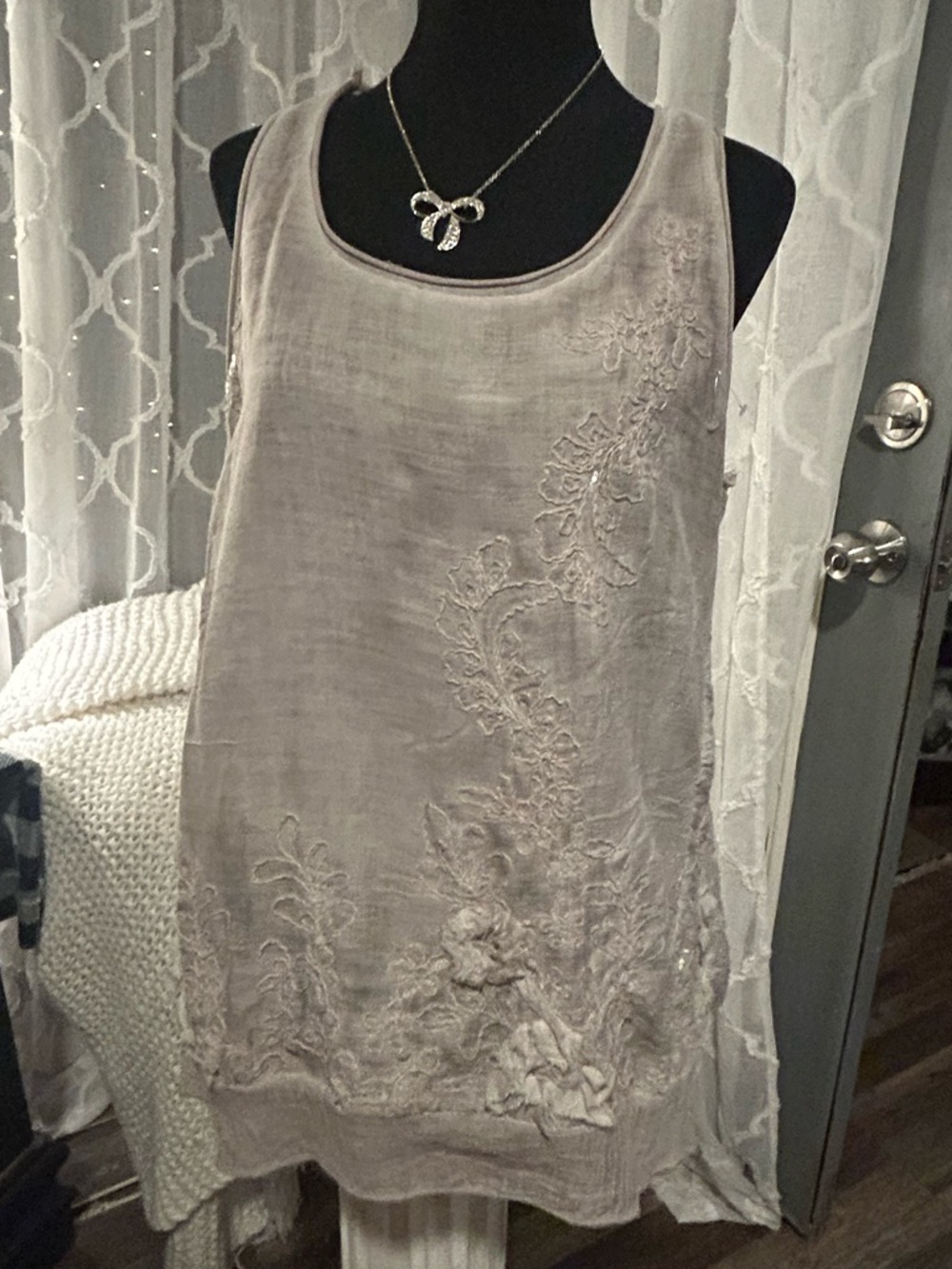 50%OFFW❤️Radzoli Art To Wear Grey Embroidered Appliqué Tunic Lagenlook S Cotton